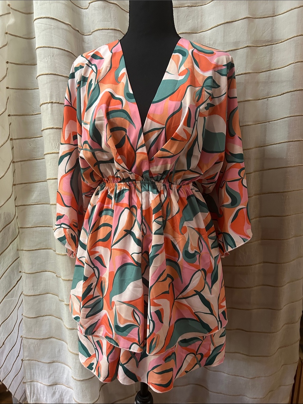 Pink Lily Pink, Coral & Teal Abstract V-Neck Mini Dress